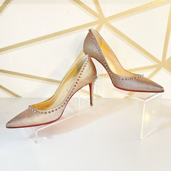 Christian Louboutin Anjalina 85 Rose Gold Glitter Spikes Stiletto Heel Pumps 37 - Picture 3 of 16
